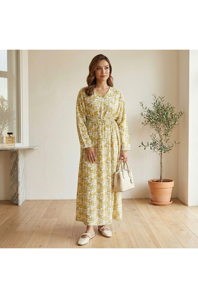 dorbe Women's Yellow Floral Long sleeve Maxi Dress
