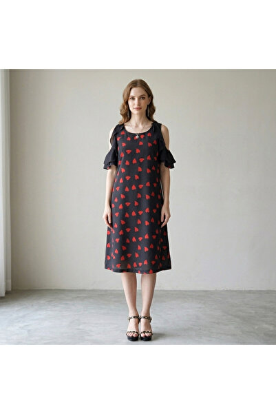 dorbe Women's Black Red Heart Cold shoulder Midi Dress