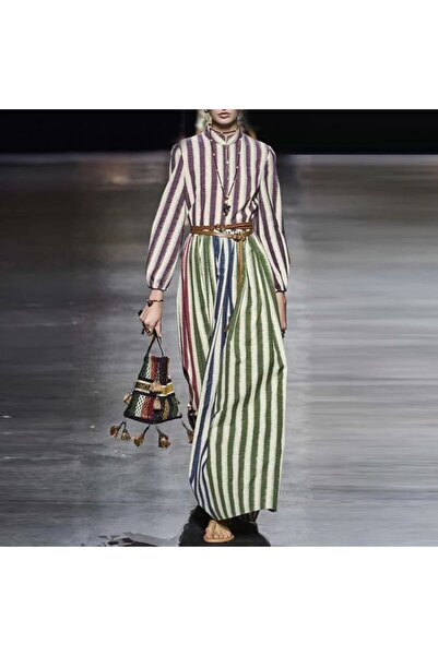 dorbe Women's Red Multicolor Striped Long sleeve Maxi Dress