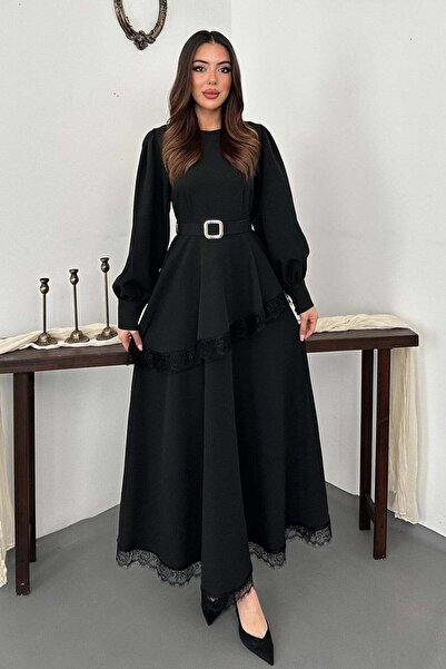 Clothes Fast Women's Black Lace Detailed Asymmetrical Belted Balloon Sleeve M...