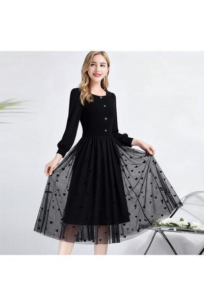 dorbe Women's Black Heart Round neck Long sleeve Midi Dress