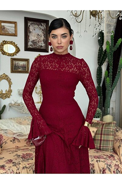 Clothes Fast Women's Burgundy Lace Midi Dress High Neck Long Sleeve Evening D...