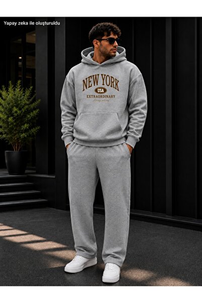 caddekombin Men's New York Usa Printed Tracksuit Set / Round Neck Cotton Swea...