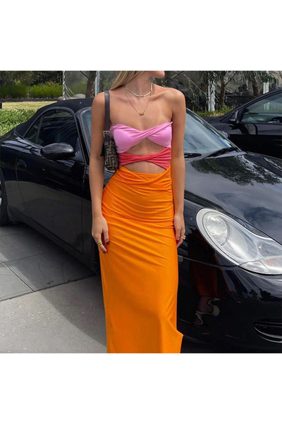 dorbe Women's Orange Color block Maxi Dress