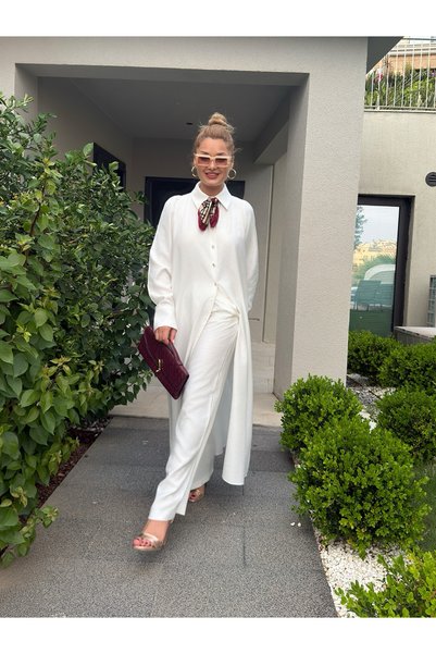 Noi Long Top with Pleated Back and Elastic Waist Pants Set - White Viscose