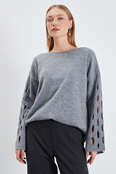 Fulla Moda Openwork Sleeves Boat Neck Wide Sleeve Knitwear Sweater
