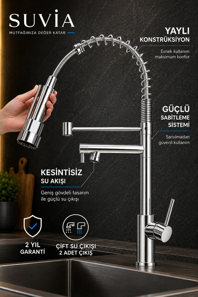 SUVİA Endüstriyel Mutfak Bataryası Profesyonel Yaylı Spiralli Çift Su Çıkışlı...