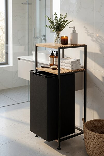 Bino Raflı Çamaşır Sepeti Banyo Düzenleyici 2 Katlı Ahşap Raflı Siyah Metal G...
