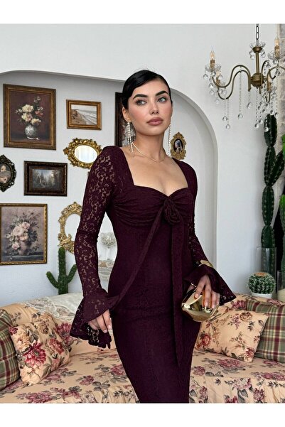 Clothes Fast Women's Plum Lace Midi Dress with Heart Collar and Rose Detail, ...