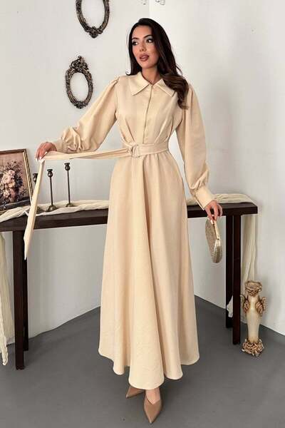 Moda Days Women's Beige Long Sleeve Shirt Collar Zipper Belted Pocketed Pleat...