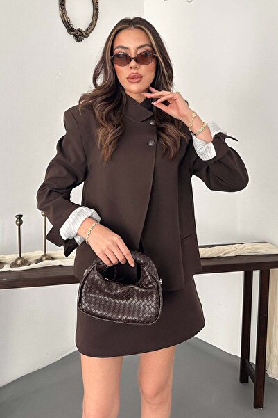 Moda Days Women's Brown Jacket Stand Collar Double Button Lined Long Sleeve W...