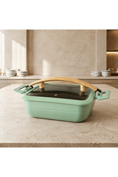 SUUFLEHMWR İndüksiyon Uyumlu Kare Kapaklı Chafing Dish 48x28x24 Cm – Yeşil