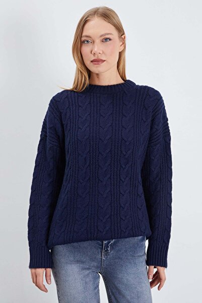 Fulla Moda Hair Braid Patterned Crew Neck Knitwear Sweater
