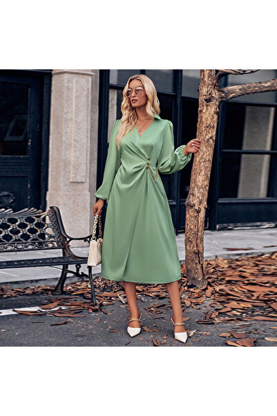 dorbe Women's Green Wrap Long sleeve Midi Dress