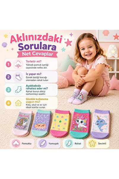 Genel Markalar Wak 5’li Kız Çocuk Çorap Seti Deniz Kızı Unicorn Desenli Pamuklu Rahat Burunlu Renkli