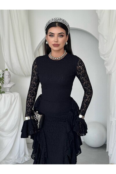 Clothes Fast Women's Black Lace Midi Dress Crew Neck Long Sleeve Flounce Slim...