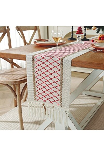 Morvena Picks Tijeră de masă din bumbac in și model grilă - 30x450cm - față d...