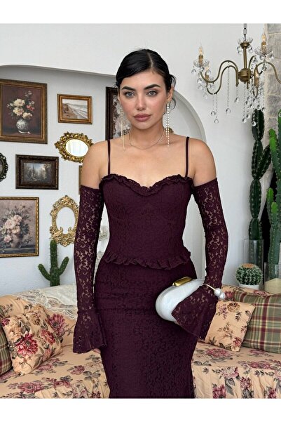 Clothes Fast Γυναικείο φόρεμα μίντι με δαντέλα σε χρώμα δαμασκηνί, λαιμόκοψη ...