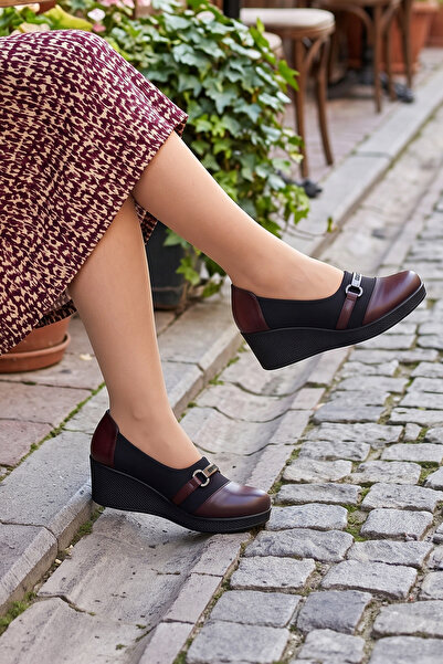 Erkan Saçmacı Blake Burgundy Genuine Calfskin Stretch Buckle Wedge Heeled Cas...