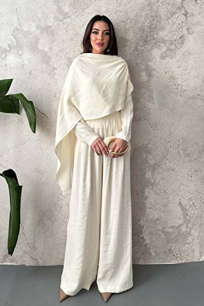Clothes Fast Women's Ecru Top and Bottom Set with Cape Detail, Long Sleeve Bl...