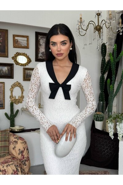Clothes Fast Women's White Lace Long Dress V-Neck Bow Detail Long Sleeve