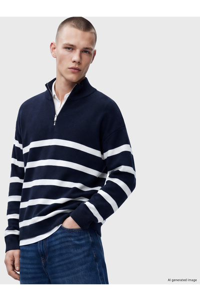 LC Waikiki Ozmarka New Season Navy Blue Stand Collar Striped Men's Knitwear S...