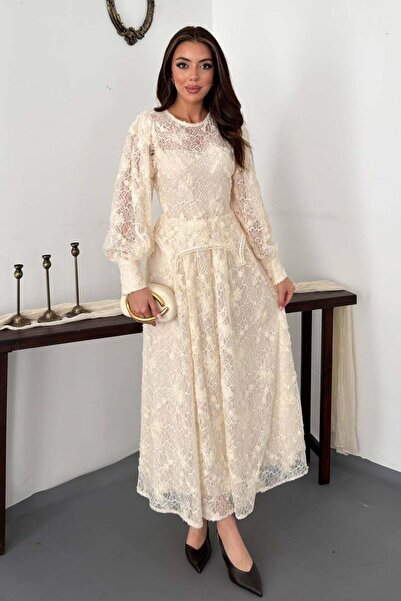Clothes Fast Women's Ecru Lace Embroidered Round Neck Balloon Sleeve Lined Ma...