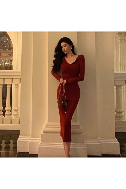 dorbe Women's Red Bodycon Long sleeve Maxi Dress