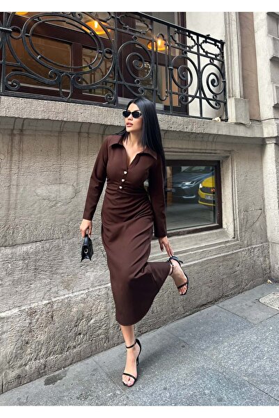 Moda Days Γυναικείο ΚΑΦΕ Φόρεμα με γιακά πουκάμισου, μακρυμάνικο, με λεπτομέρ...