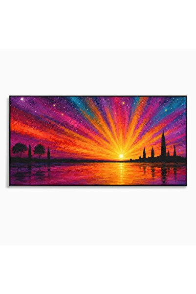 Luxcanva Tablou Canvas Apus Urban Pe Lac 100x50 cm cu Rama Negru Apus Oras Lac