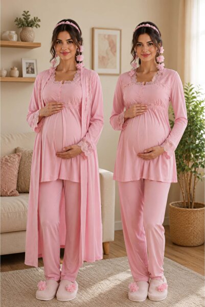 ByLohusa Comfortable Fit Long Robe Maternity Pajama Set Effortt - Pink