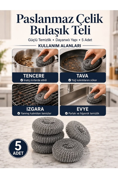 mucit home 5 Adet Paslanmaz Çelik Çizmez Bulaşık Tel Süngeri Kolay Kullanım M...