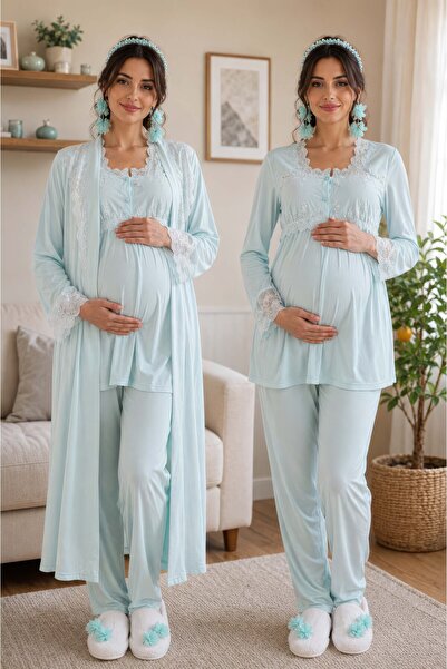ByLohusa Comfortable Fit Long Robe Maternity Pajama Set Effortt - Turquoise