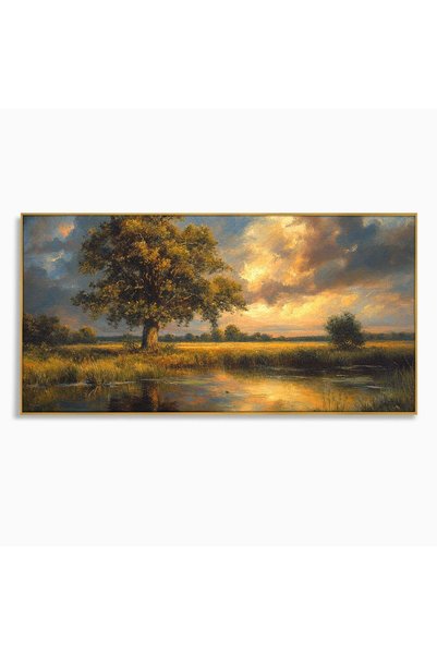 Luxcanva Tablou Canvas Peisaj La Apus 140x70 cm cu Rama Auriu Peisaj Apus Natura