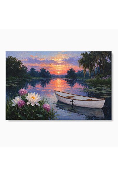 Luxcanva Tablou Canvas Barca Pe Lac La Apus 120x80 cm pe Sasiu Lemn Barca Lac...