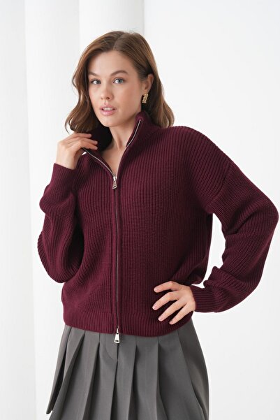 Arbucky Women's Mock Neck Double Zippered Knitwear Cardigan