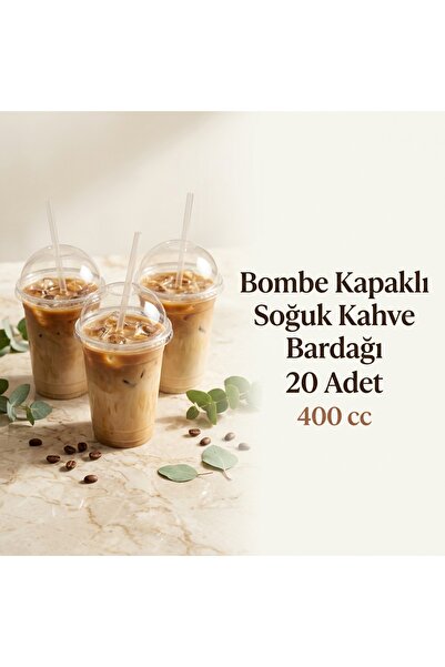 Yatağan Ambalaj 20 Adet Bombe Kapaklı Plastik Soğuk Kahve Bardağı