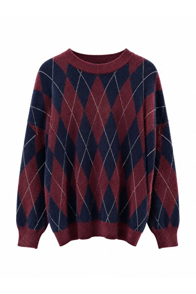 Retrobird Daphne Argyle Patterned Oversize Knitwear Sweater Women's Burgundy ...