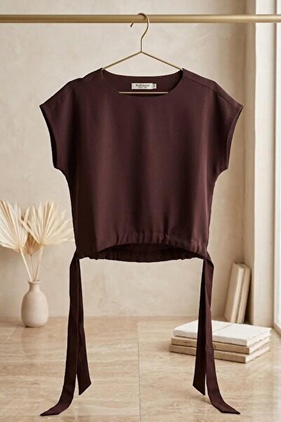 Raneel Kazançlı Alışveriş Women's Side-Tie Tencel Fabric Blouse Brown