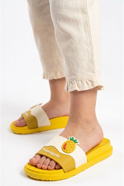GEZER Girl's Daily Slippers with Pineapple Figure, Yellow, Non-Slip, Thick Sole