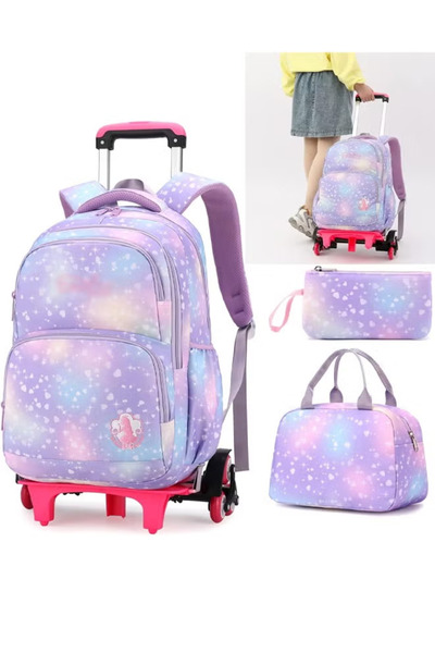 GGEROU 3Pcs Rolling Backpack for Girls Dream Princess Wind Bookbag with Wheel...