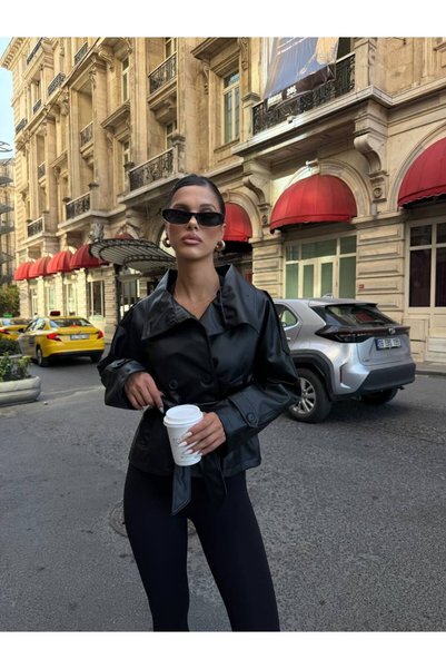 ZF BUTİK Women's Belted Stand Collar Leather Jacket