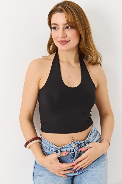 Raneel Kazançlı Alışveriş Women's Halter Neck Crop Blouse Black