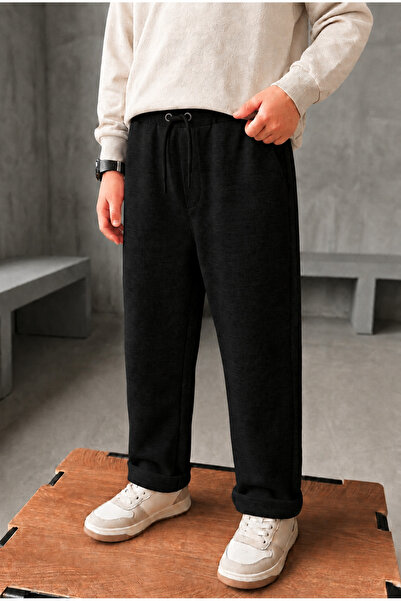 zepkids Boy's Textured Fabric Black Color Elastic Waist Lace-Up Comfortable C...