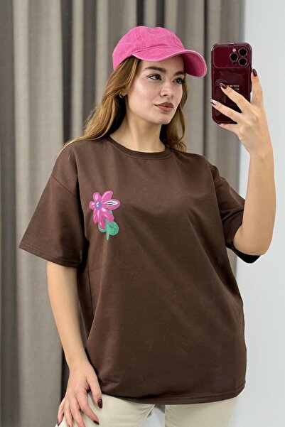 Raneel Kazançlı Alışveriş Printed Crew Neck Basic Tshirt Brown