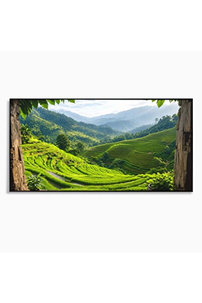 Luxcanva Tablou Canvas Terase Verzi Montane 140x70 cm cu Rama Negru Peisaj Na...