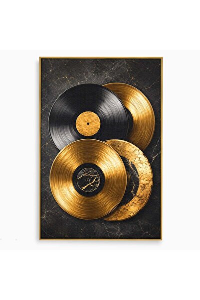 Luxcanva Tablou Canvas Viniluri Aurii 70x100 cm cu Rama Auriu Viniluri Muzica...