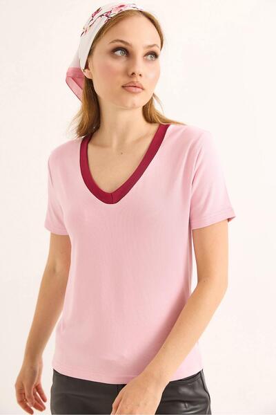 Raneel Kazançlı Alışveriş V-Neck Short Sleeve Women's Short Tshirt Pink