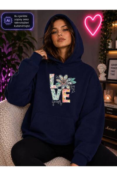 caddekombin Women's Floral Love Graphic Printed Hooded Kangaroo Pocket Cotton...