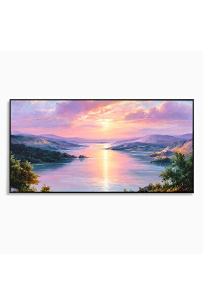 Luxcanva Tablou Canvas Peisaj Lacustru La Apus 140x70 cm cu Rama Negru Peisaj...